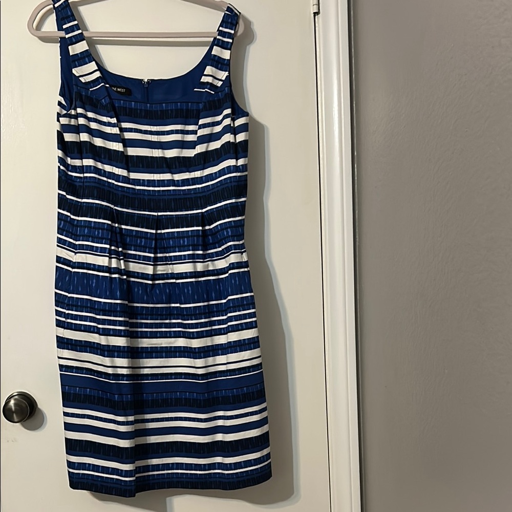 Nine West Blue and White Sheath Mini Dress with Pockets